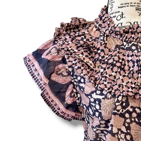 Sea New York Size M L Floral Ruffle Neck 100% Cotton Short Sleeve Blouse Top - Picture 4 of 7